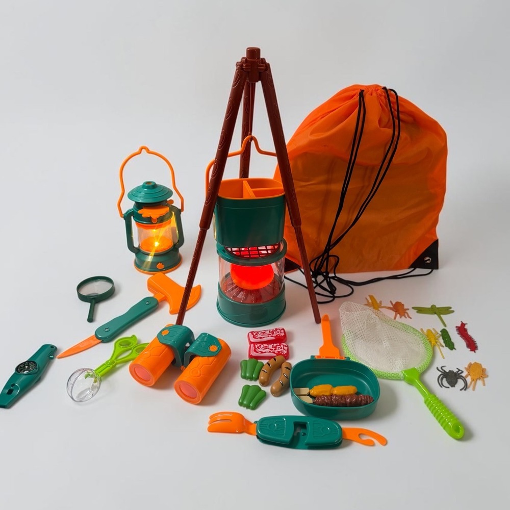 Kids Camping Toy Set with Light Up Lantern Stove Binoculars and Backpack